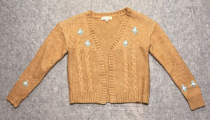 Hazel Moon Womens M Tan Cropped Cable Knit Cardigan Embroidered Rosette Floral